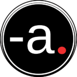 logo collectif alirebleco, la lettre "a" en blanc sur fond noir, précédée d'un tiret blanc et suivie d'un point rouge